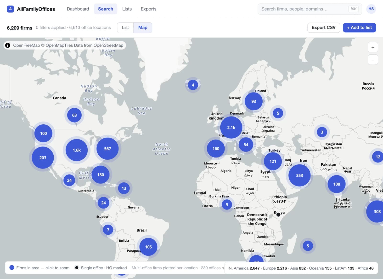 The firm search map view: office locations clustered across every continent, with region totals from North America to Africa